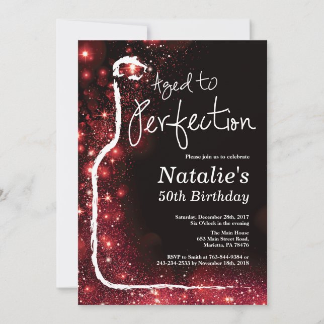 50. Wine Birthday Aged to Perfection Red Glitzer Einladung (Vorderseite)