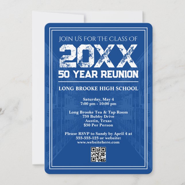 50 Year High School Reunion Retro Blue Varsity QR Einladung (Vorderseite)