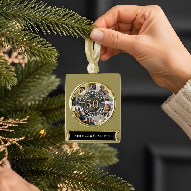 50 Years Golden Anniversary Infinity Photo Collage Banner-Ornament Gold (50 Years Golden Anniversary Infinity Photo Collage Gold Plated Banner Ornament)