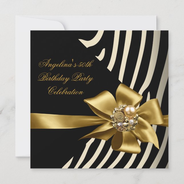 50. Zebra Gold Cream Black Birthday Party Einladung (Vorderseite)