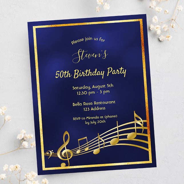 50e anniversaire bleu or musique notes invitation (Créateur téléchargé)