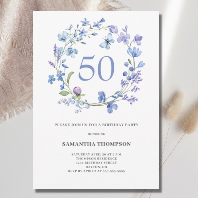 50e anniversaire Blue Floral Aquarelle Invitation (Créateur téléchargé)