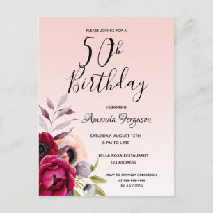 50e anniversaire bourgogne rose invitation florale