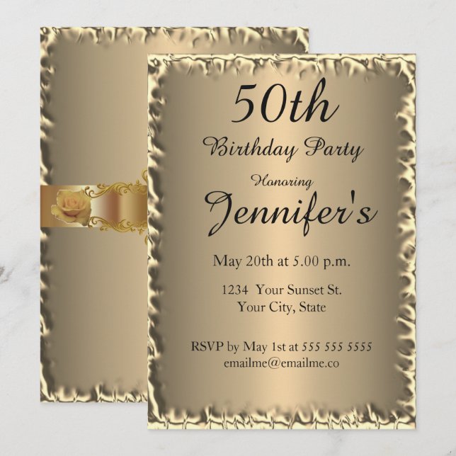 50e anniversaire de fête or Invitation (Devant / Derrière)