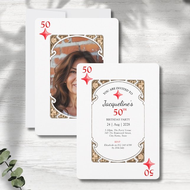 50e anniversaire Diamond Playing Card Invitation (50th birthday party invitations in an art deco playing card style on a grey wood background.)