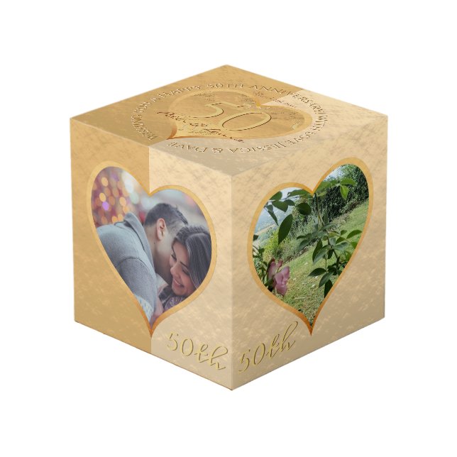 50e anniversaire du Mariage Cube photo d'or (Angle devant)