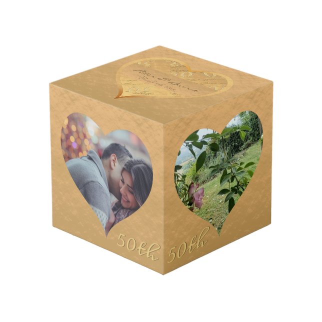 50e anniversaire du Mariage Cube photo d'or (Angle devant)