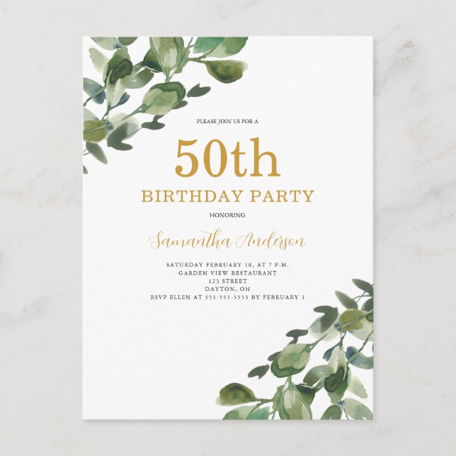 50e anniversaire Eucalyptus Aquarelle Invitation (Devant)