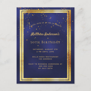 50e anniversaire fête bleu or brillant invitation