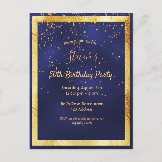 50e anniversaire fête bleu or confetti invitation (Devant)
