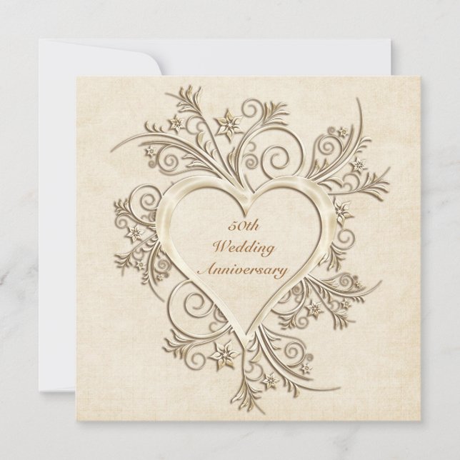 50e anniversaire Gold Floral Heart Invitation (Devant)
