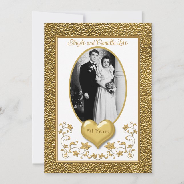 50e anniversaire, Gold Heart Invitation - Blanc (Devant)