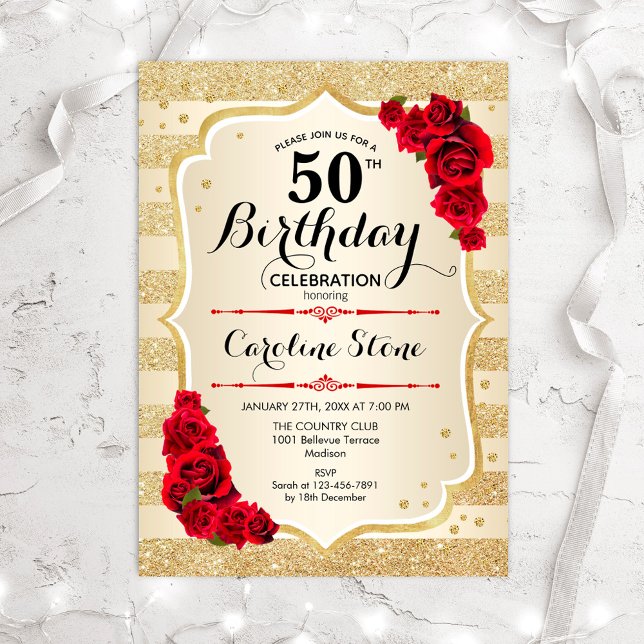 50e anniversaire - Gold Stripes Invitation Rose (Créateur téléchargé)