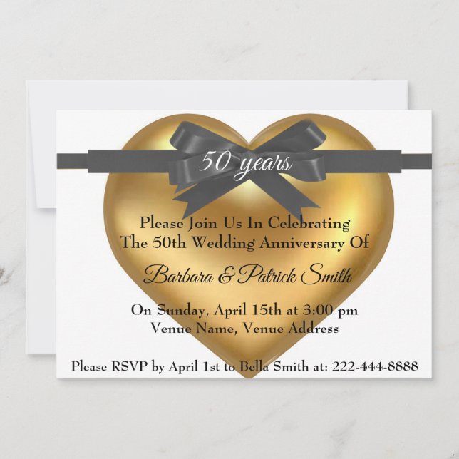 50e anniversaire Golden Heart Elegant Invitation (Devant)