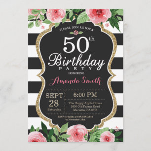 50e anniversaire Invitation Femmes. Noir d'or flor