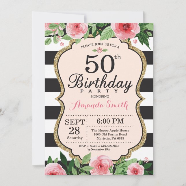 50e anniversaire Invitation Femmes. Or floral noir (Devant)