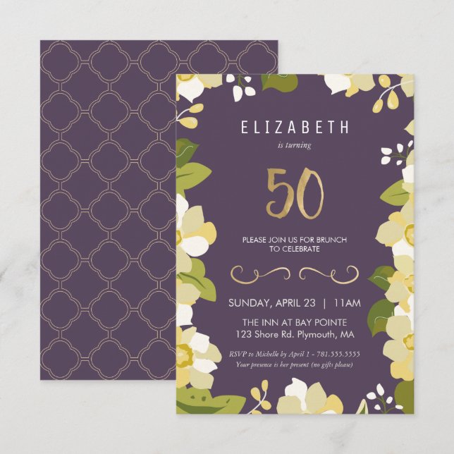 50e anniversaire Invitation Personnaliser Floral C (Devant / Derrière)