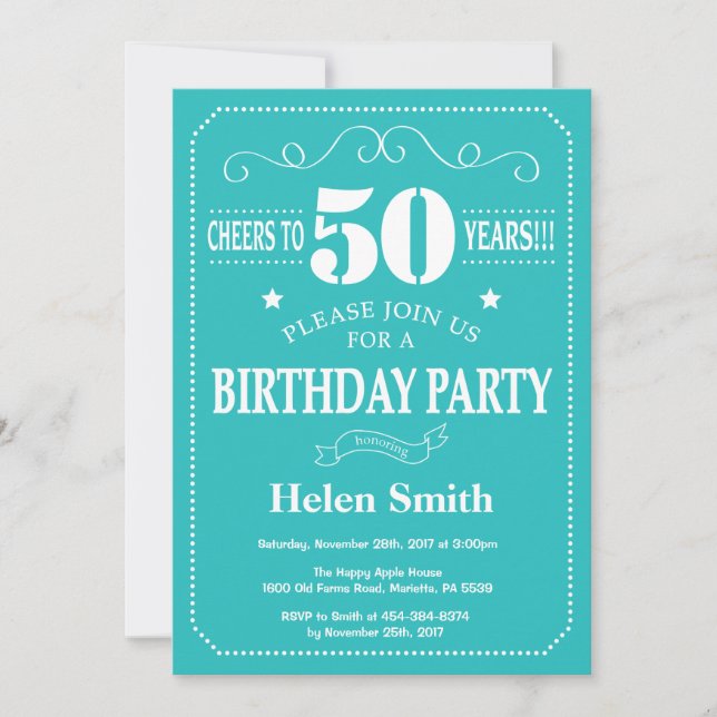 50e anniversaire Invitation Turquoise et blanche (Devant)