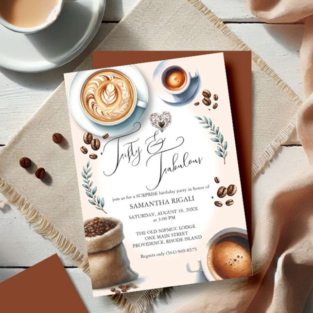 50e anniversaire Invitations Café Thème (50th birthday party invitations watercolor illustrated coffee theme by Victoria Grigaliunas )