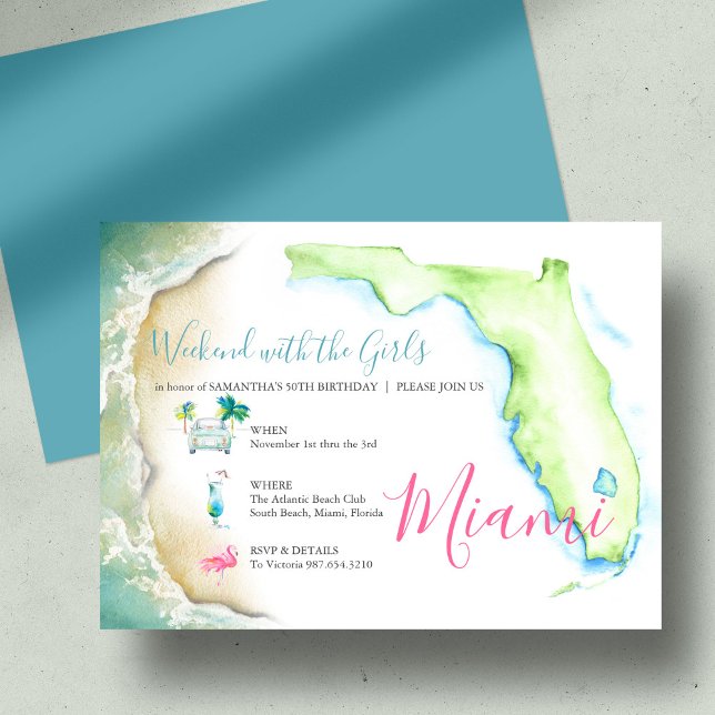 50e anniversaire Invitations en Floride du Sud (50th Birthday Girls Trip Watercolor Illustrated Invitation)