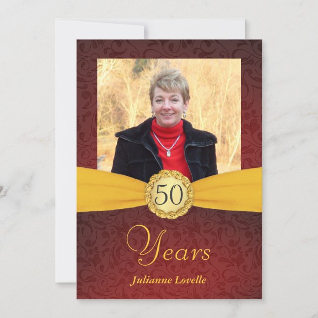 50e anniversaire Invitations photo - Rouge et Or (Devant)