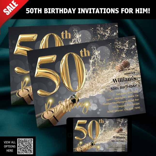 50E ANNIVERSAIRE INVITATIONS POUR LUI - GOLD CHAMP (Créateur téléchargé)