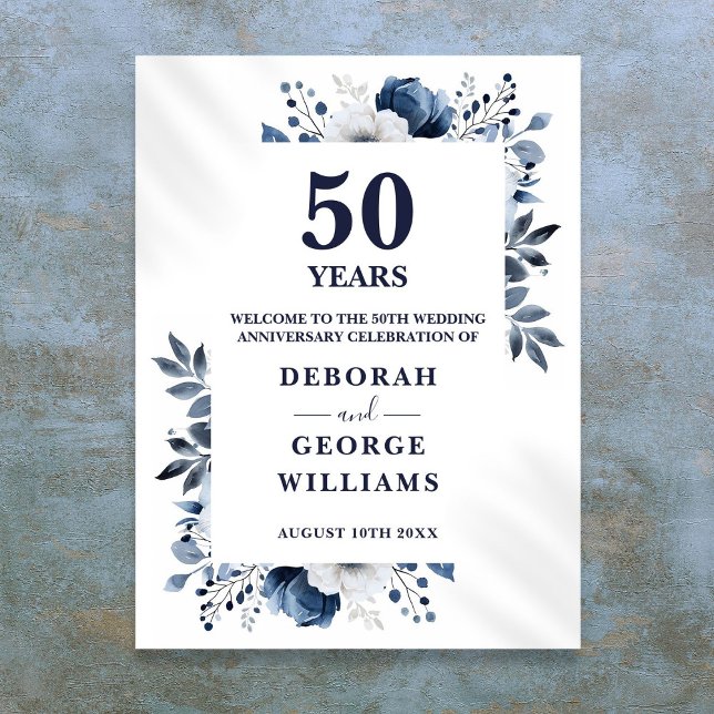 50e anniversaire Mariage de la Marine Affiche de b (Navy 50th Wedding Anniversary Floral Welcome Sign)
