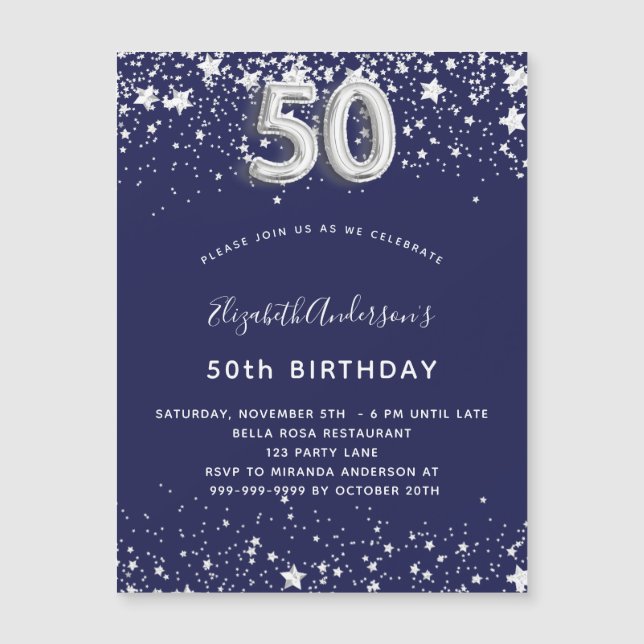 50e anniversaire marine bleu argent invitation aim (Devant)