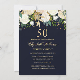 50e anniversaire Marine Gold Floral Invitation