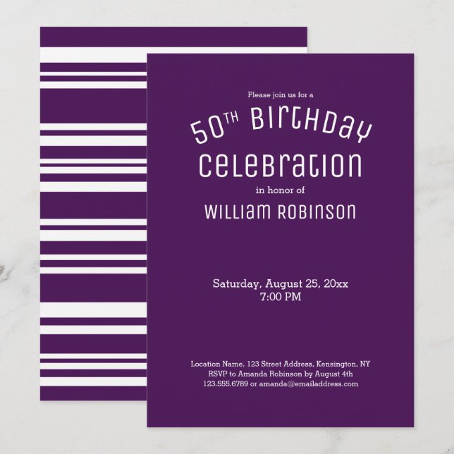 50e anniversaire Moderne Purple Stripes Invitation (Devant / Derrière)