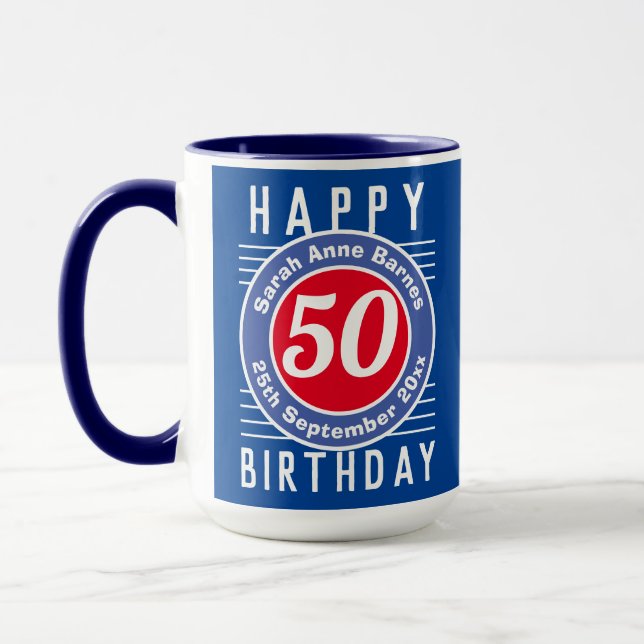 50e Anniversaire Mug avec âge, nom et date (Gauche)