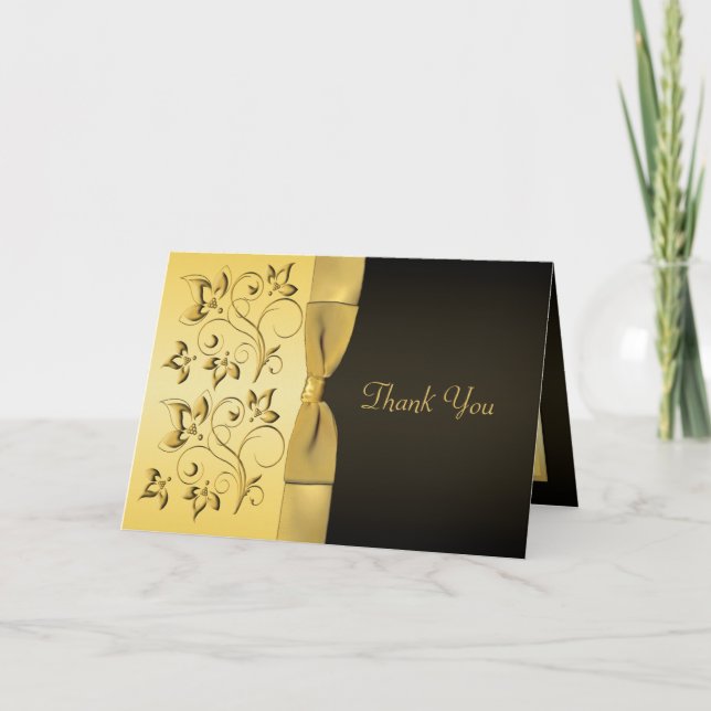 50e Anniversaire Noir, Or Floral Carte de remercie (Devant)