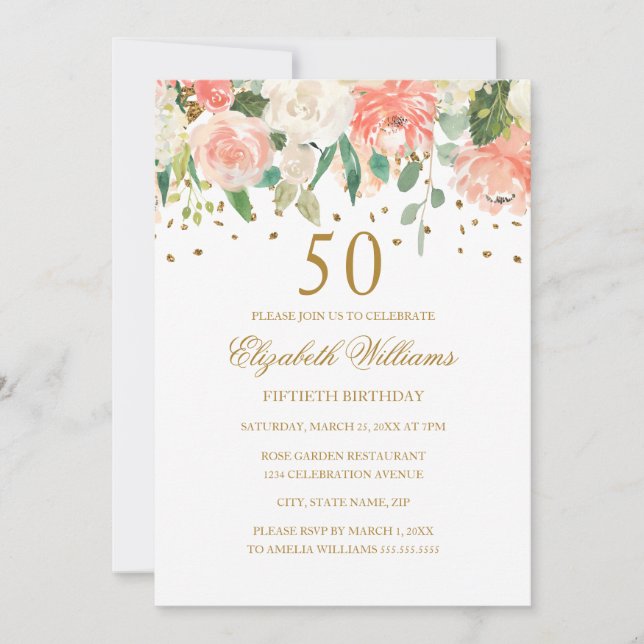 50e anniversaire Peach Gold Floral Invitation (Devant)