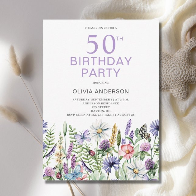 50e anniversaire Purple Floral Invitation botaniqu (Créateur téléchargé)
