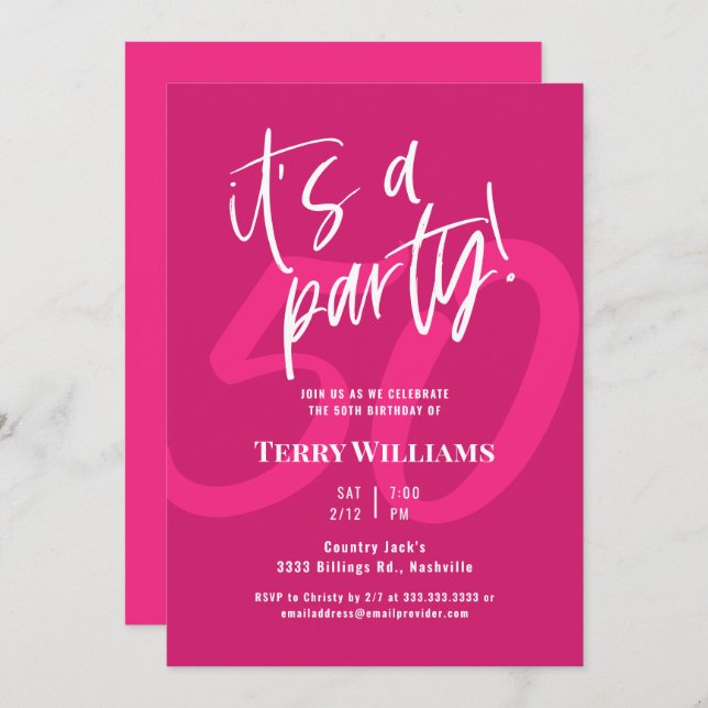 50e Anniversaire rose chaud Invitation (Devant / Derrière)