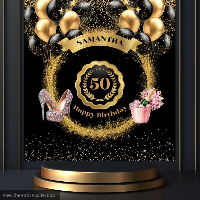 50e anniversaire Tapisserie Parties scintillant or (50th Birthday Tapestry Gold Glitter Pink High Heels)