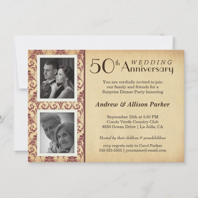 50e anniversaire vintage Deux photos Invitation (Devant)