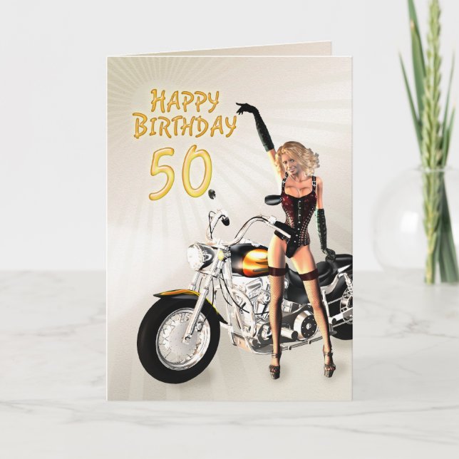50e carte d'anniversaire avec une fille de moto (Devant)