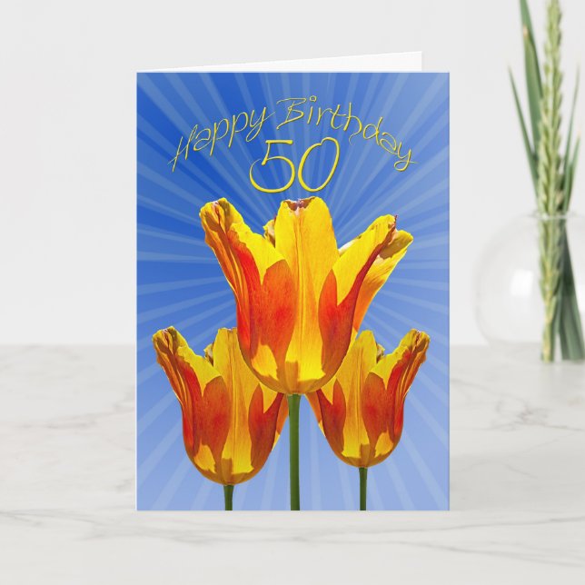 50e carte d'anniversaire, tulipes pleines de solei (Devant)
