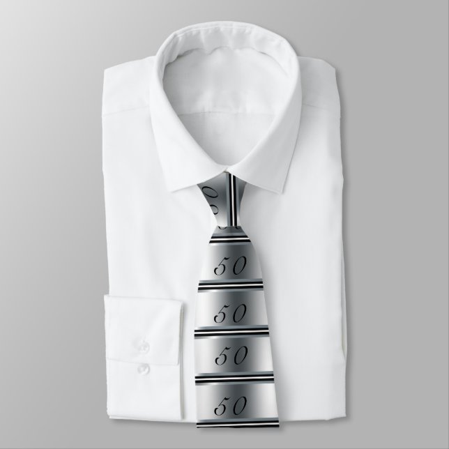 50e Cravate d'anniversaire Noir, Argent et Blanc (Attaché)