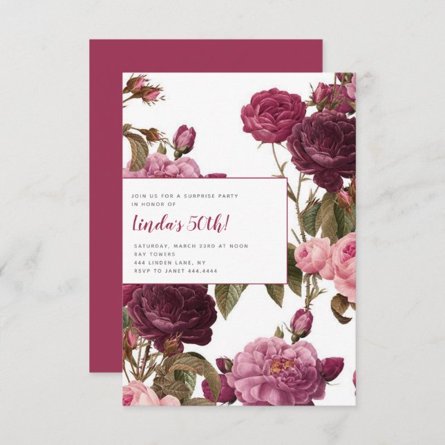 50e Fête d'anniversaire Florale Invitations (Devant / Derrière)