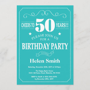 50e Invitation d'anniversaire Turquoise et blanc