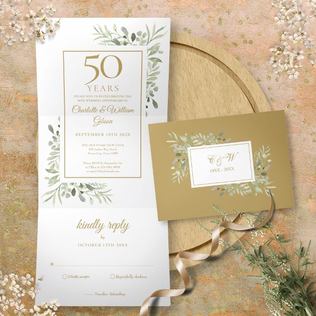 50e Invitation de Mariage Anniversaire Fleurs de F (50th Golden Anniversary Wedding Greenery Floral Tri-Fold Invitation)