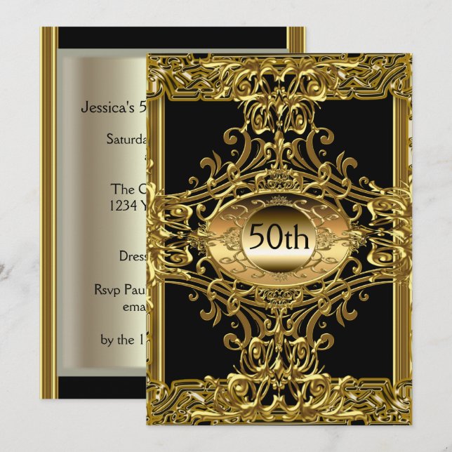 50e invitation Gold Black Birthday Party (Devant / Derrière)