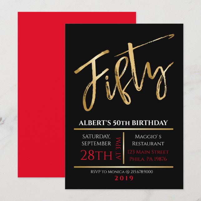 50ème anniversaire Gold Black Party Invitation (Devant / Derrière)