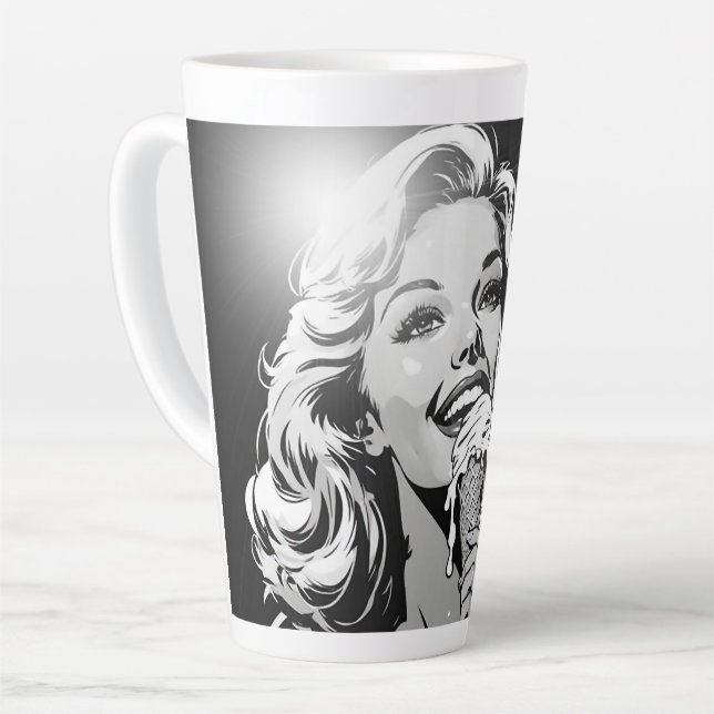 50er BW-Grafik-Comic-Stil Eiscreme-Blondine Milchtasse (Linke Ecke)