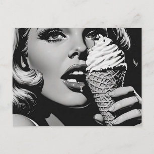 50er BW-Grafikstil Eiscreme-Blondine Postkarte