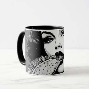 50er BW-Grafikstil-Goth-Girl isst einen Taco Tasse