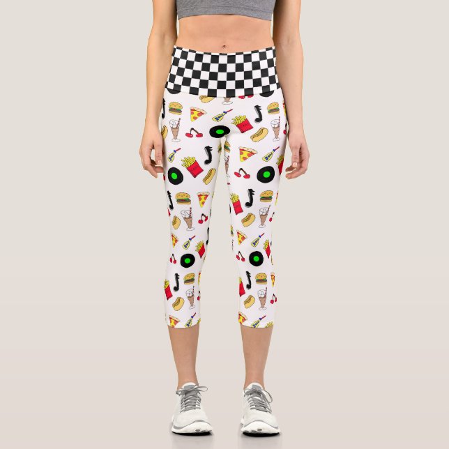 50er Grafik mit Milkshakes, Hot dogs Retro Capri Leggings (Vorderseite)