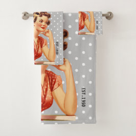 50er Hübsch Lady Retro polka dots Grau Badhandtuch Set